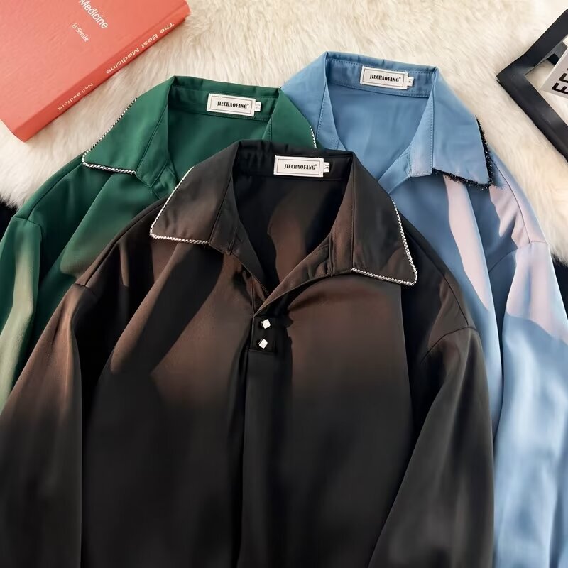 Lazy Style Pullover Shirt Men's Pure Color Long-sleeved K-style Trendyy New High-end Drape Fragrant Button Shirt Autumn