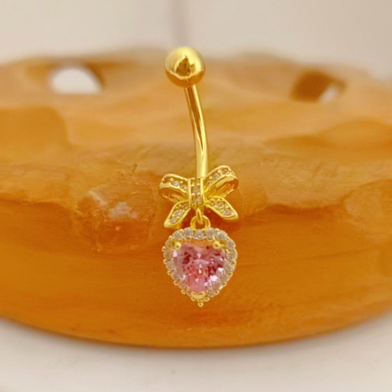 Creative Heart-Shaped Zircon Navel Ring, Gold Pink Belly Button Piercing Jewelry, Light Luxury Style, 2024 Spring detail image 11