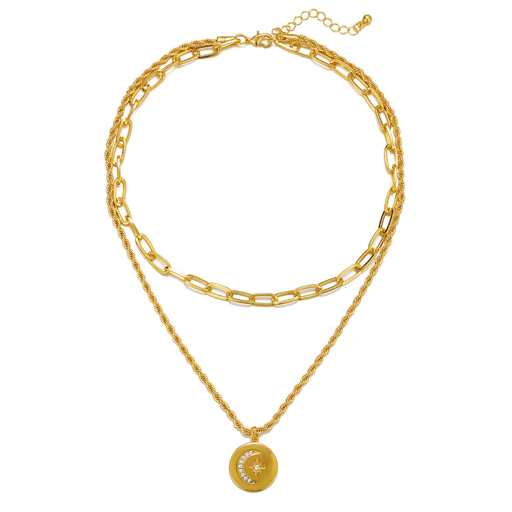 ins Style Creative Stacked Multi-layer Necklace Round Moon Tagging Necklace Cross-border Copper-plated Double-layer Stacked Pendant_voghion.com