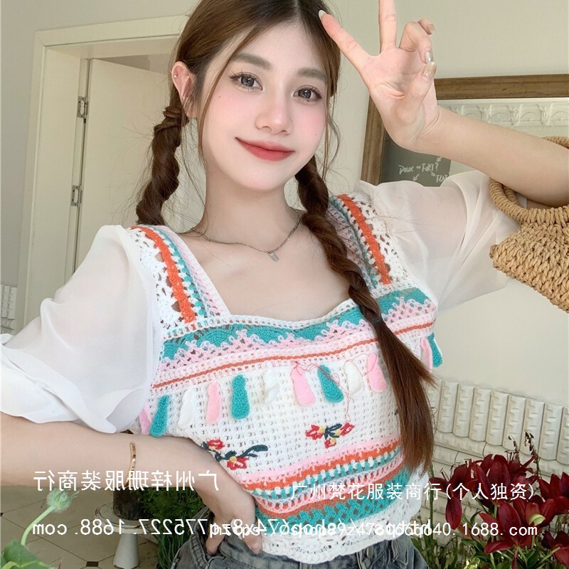 Real shot real price Bohemian ethnic crochet knitted short sleeve T-shirt design feeling dopamine wear top