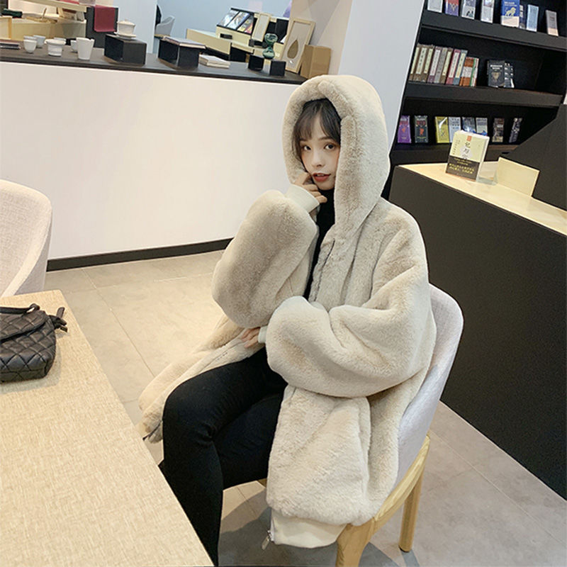 外贸跨境韩版宽松毛绒绒外套女冬兔绒中长款2026新款加厚连帽大衣