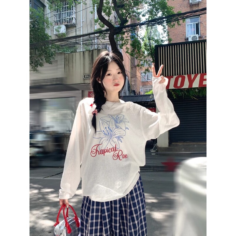 カジュアルレイジースタイル日焼け止めブラウストップ夏薄いルーズスノーフレークコットン長袖ラウンドネックTシャツ女性用空調シャツ|undefined