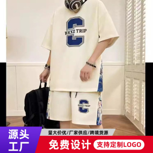 Summer Plus Size Printed Short-Sleeved Shorts Suit Half-Sleeved Quarter Pants Men's Clothing with Handsome T-Shirt Sportswear