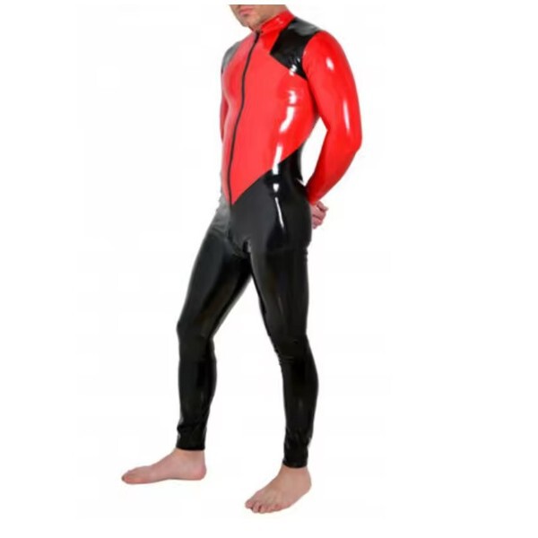Latex Clothing Latex Bodysuit Color Block Front Zip Crotch Latex Men's Jumpsuit Latex Garment