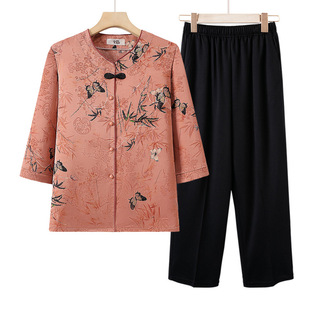 Middle-Aged and Elderly Women's Summer Clothes, Mother's Clothes, Grandma's Clothes, Summer Clothes, Small Cardigan Suits, Elderly Short-Sleeved Two-Piece Suits