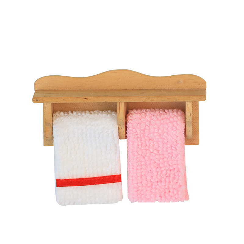 1:12 Mini Miniature Dollhouse Wooden Furniture Bathroom Accessories Mini Towel Rack Towel Toothbrush Cup Toothbrush