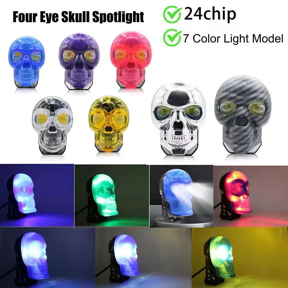Cross-Border Supply of Led Skull Colorful External Spotlights Electric Motorcycle Modified Car Lights Wide Voltage Two-Color Flash