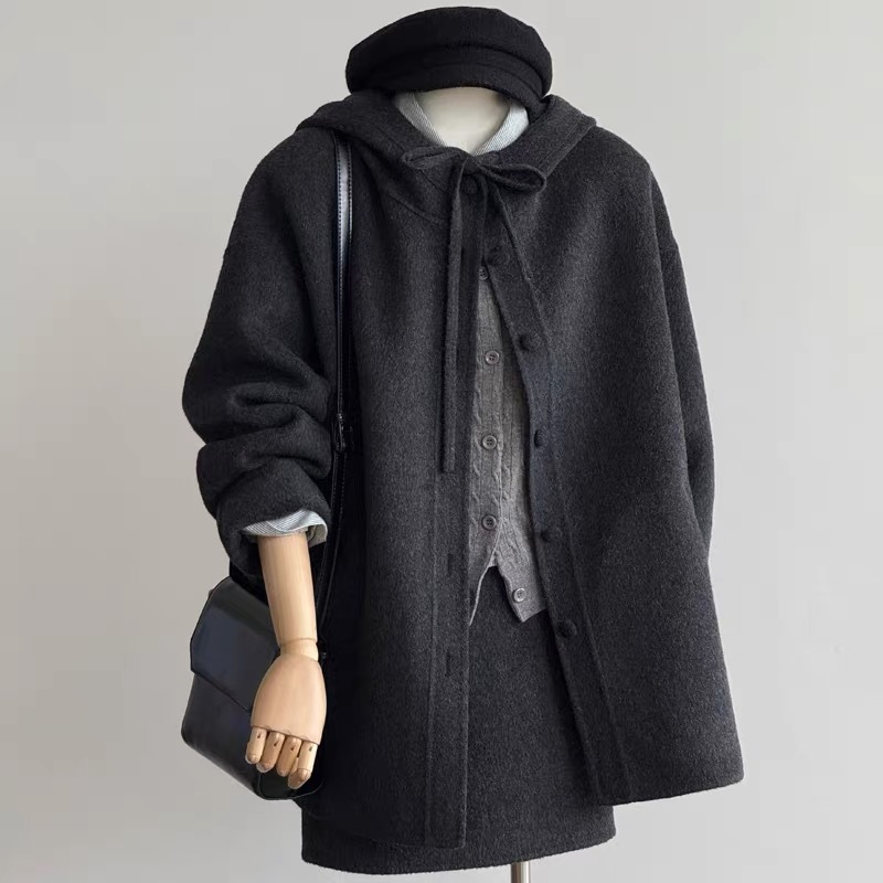 Double-sided cashmere short woolen woolen coat with hood with bow