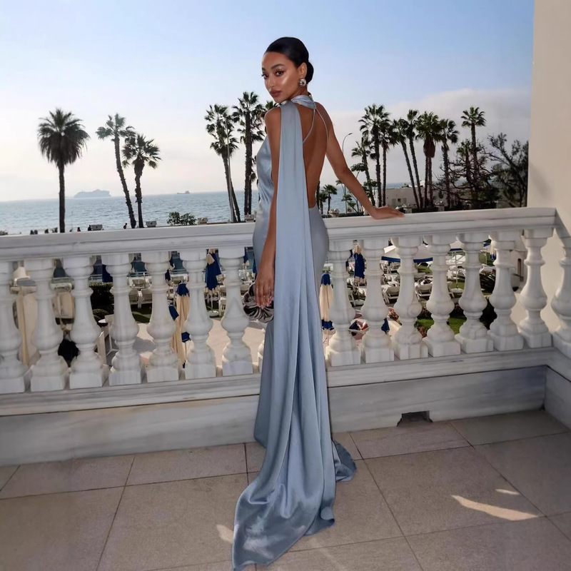 European and American Cross-Border Foreign Trade Ready-To-Ship Elegant Socialite Vacation Style Sleeveless Halter Neck Long Dress with Tie Waist