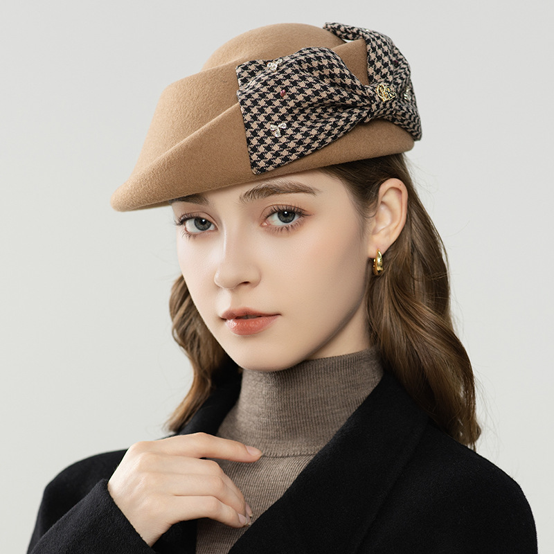 Mũ beret len nữ vành lật kẻ caro nơ phong cách Anh quốc ấm áp — đen