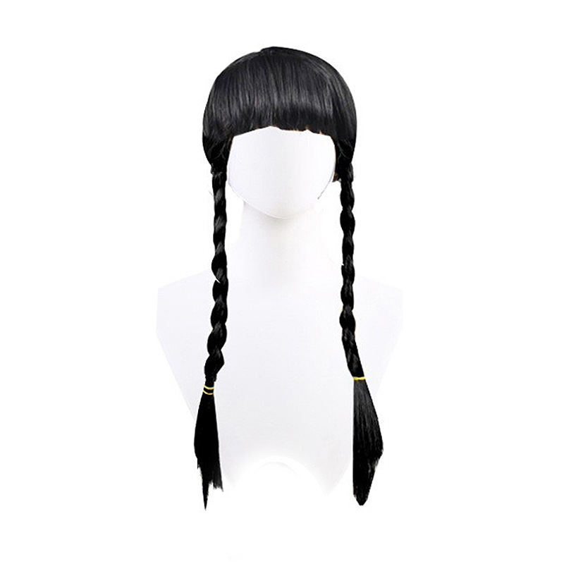 Niñas fruzca negra doble cola de caballo trenzada cos miércoles peluca fiesta de Halloween peluca infantil
