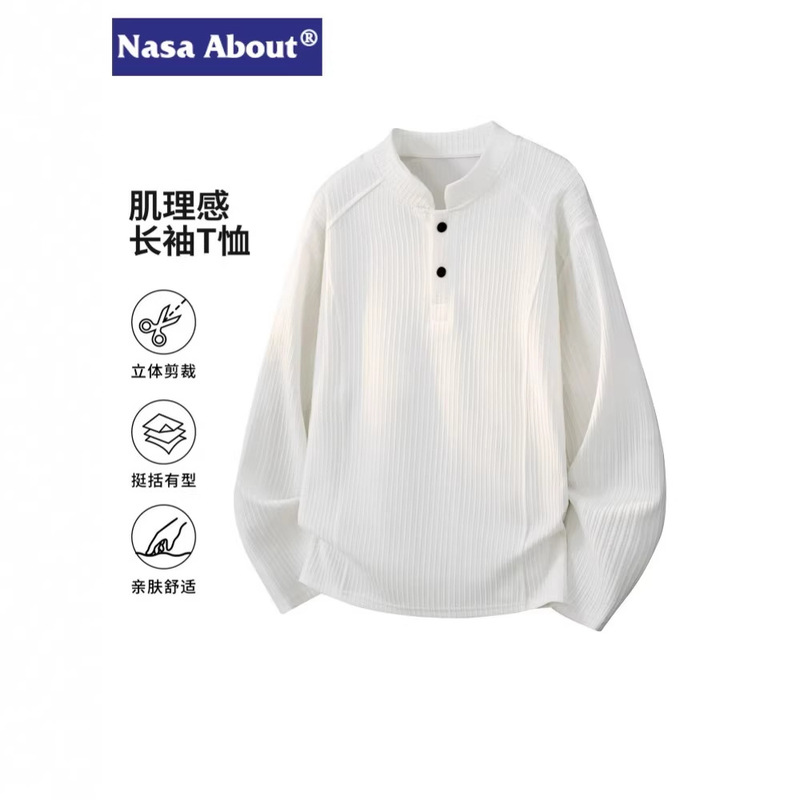 Nasa Textured Henry Collar Long-Sleeved T-Shirt for Men Spring and Autumn 2026 New Style Loose and Lazy Base Layer T-Shirt Nasa Textured Henry Collar Long-Sleeved T-Shirt for Men Spring and Autumn 2026 New Style Loose and Lazy Base Layer T-Shirt
