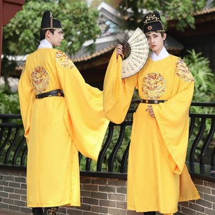 in stock Hanfu Men's Dragon Robe Ming Crewneck Robe Emperor Yellow Four Dragon Restoration Heavy Embroidered Chinese Style Antique