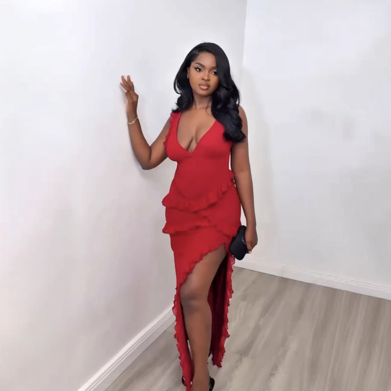 Sexy Ruffled Patchwork Dress Style Backless Slit Solid Color Fashion Elegant Women's Clothing_ecoleips.com