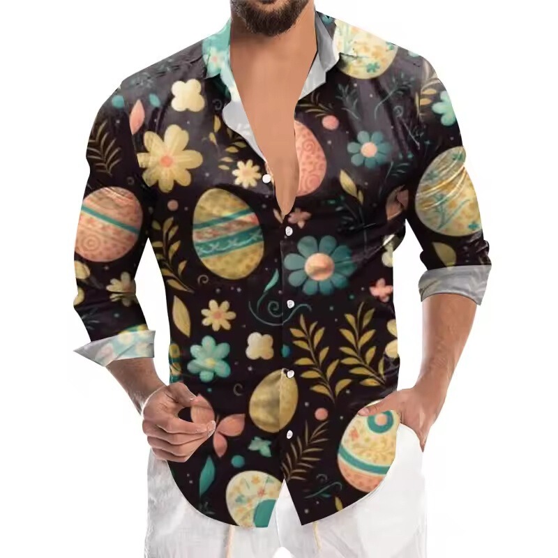 2025 Happy Easter Day Colorful Eggs Pattern Men's Shirt Harajuku Fashion 3D Printed Holiday Gift Long Sleeve Shirt
