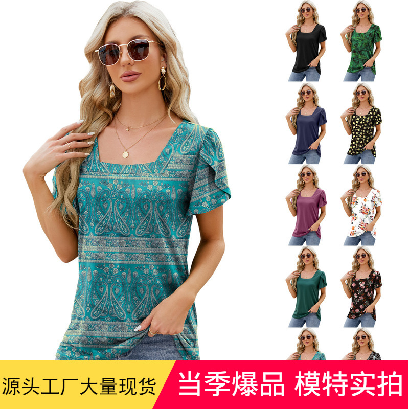 Amazon 2024 European and American cross-border foreign trade spring and summer new fashion simple square collar petal sleeve printed loose T-shirt