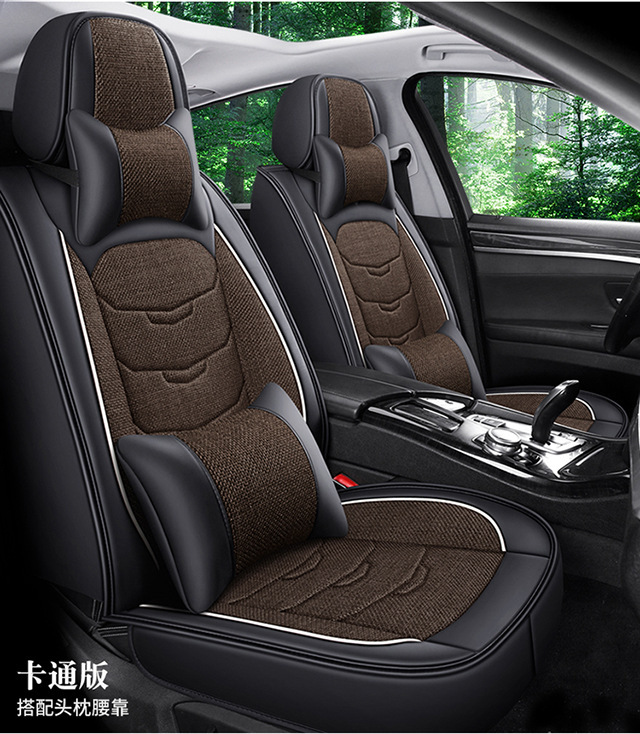 New Leather and Hemp Car Seat Cushion Foreign Trade Wholesale All-Inclusive Four-Season Universal Cartoon Car Seat Cover Linen Breathable Car Cushion