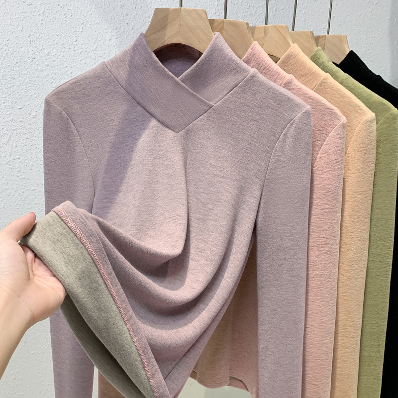 La mitad de las mujeres de terciopelo de cuello alto camisa de fondo 2023 nuevo estilo occidental de las mujeres cuello superpuesto cepillado camiseta caliente interior superior image 11