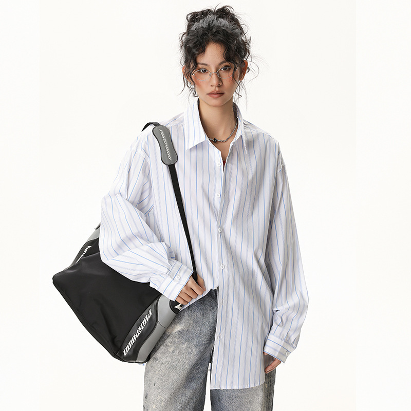 Jack's Blue Striped Shirt for Men, Summer Long-Sleeve High-End American Retro Shirt, Spring Couple's Jacket