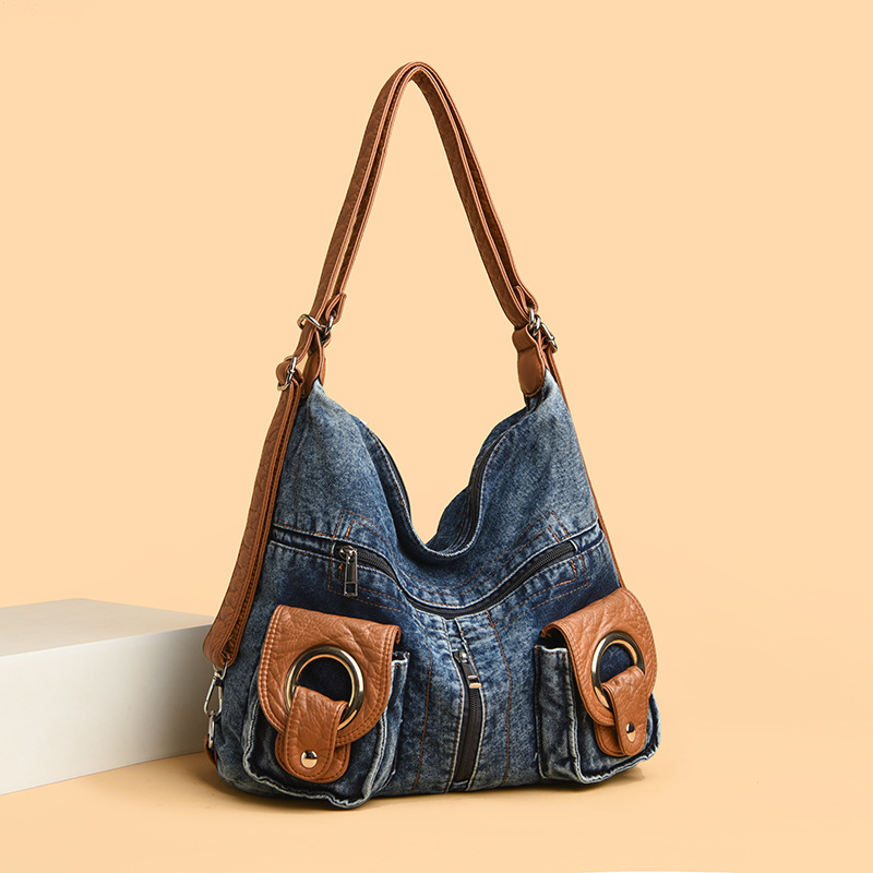 Cross-Border Women's Denim Backpack Original Niche Casual Motorcycle Commuter Bag Crossbody Canvas Bag Design - Thumbnail 3