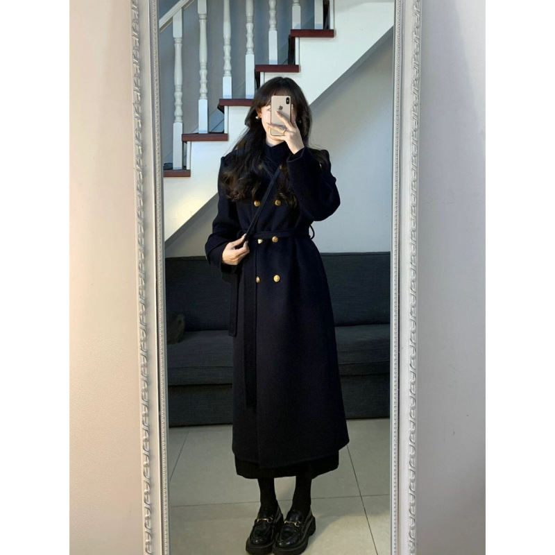 Winter Black Woolen Coat Women's Autumn and Winter 2024 New Style Small Retro High-end Long Thickened Coat