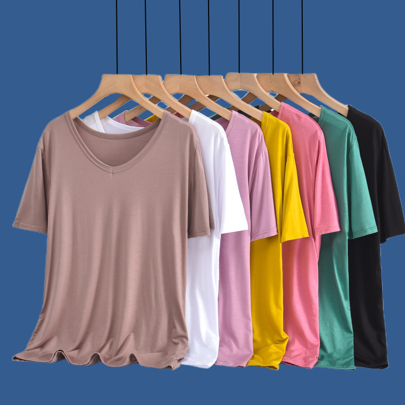 Modal Loose V-neck T-shirt Women's Summer Thin Short-sleeved Outer Wear Top plus size Inner Solid Color Half-sleeved Base Shirt