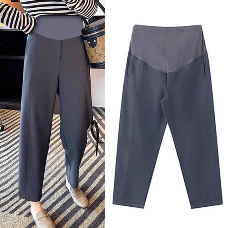 Trendy Gray Maternity Suit Pants Thin 2025 New Style Belly Support Elastic Waist Casual Cropped Pants Summer Style 193
