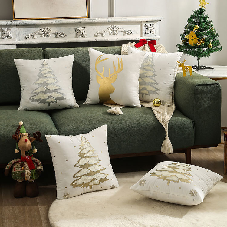 ヘラジカのクリスマスツリーブロンズ枕カバー、秋冬スノーフレーク刺繍クッションカバー45*45、クロスボーダーホットセール|undefined