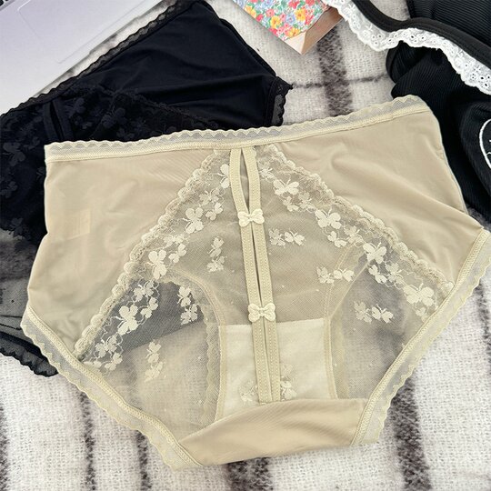 Beware of Pure Desire Semi-transparent Lace Hip Underwear Women's Sexy plus size Mulberry Silk Crotch Mid-waist Satin Briefs