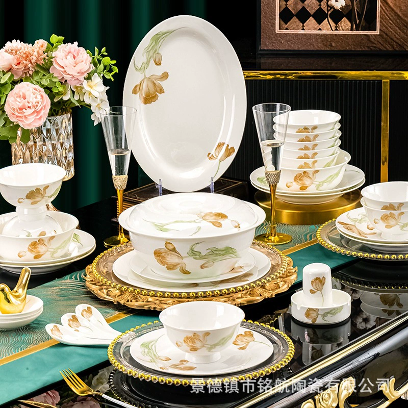Керамическая столовая посуда Jingdezhen, легкая роскошь, чаша для дома, набор посуды нового поколения 2024, костяной фарфор, набор блюд