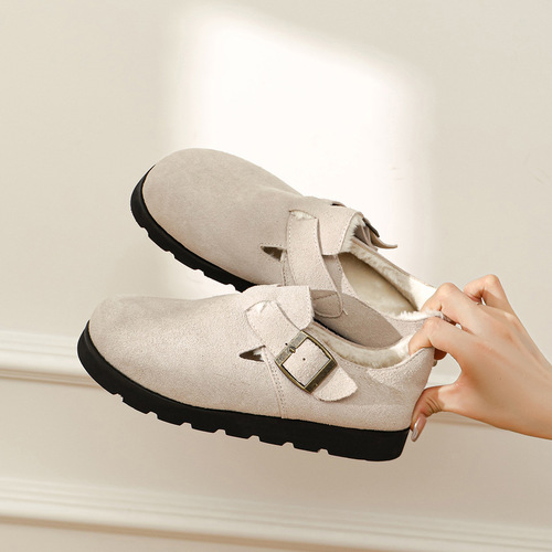 Women's cotton shoes, plus velvet and thickened women's shoes, winter woolen shoes for outer wear, cotton slippers, large-toe shoes, thick soles, genuine leather, plus fur Birkenstocks