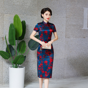 Retro elegant Chinese style quality improved banquet dress daily silk printed cheongsam