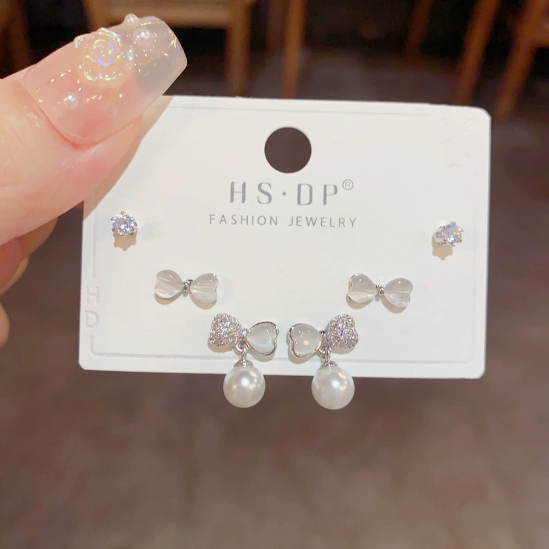 Серебряная игла, короткий цирконий, универсальные серьги, набор, образец серебра 925, микроинкрустация, японская и корейская стили, простой и элегантный дизайн, набор из 3 шт.