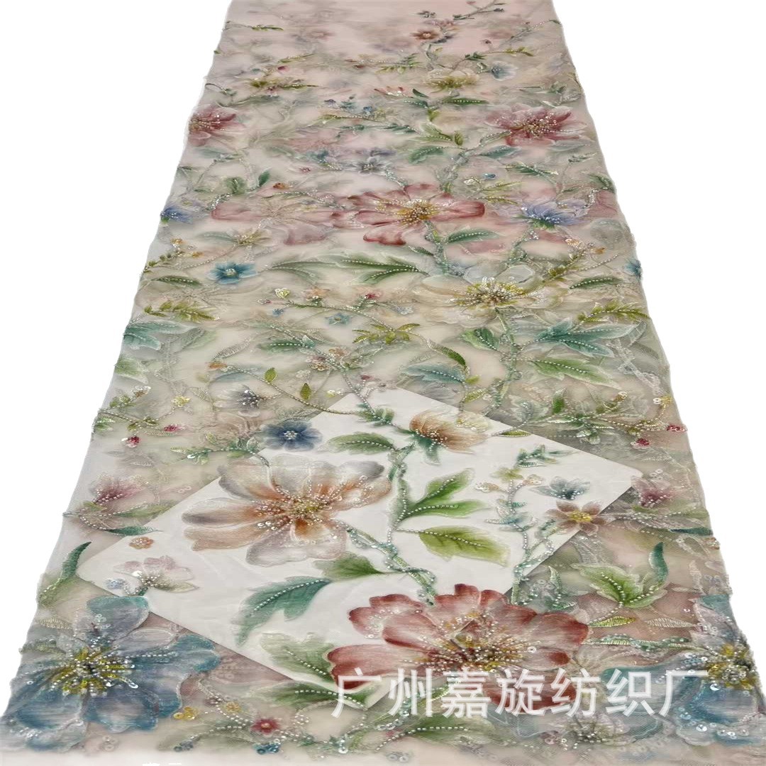 Viento nacional colorido impresión de plantas sequinilla tubo de perlas tela bordada cheongsam ropa nacional vestido de tela de bordado