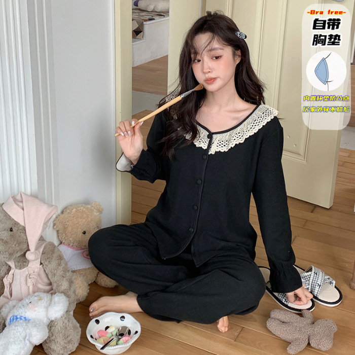 带胸垫睡衣女秋冬新款保暖长袖羊绒蚕丝宽松韩系甜美花边家居服|undefined