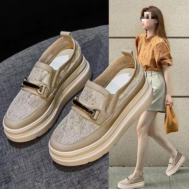 Hong Kong Mesh Shoes with Increased Height for Women Summer New Mesh Breathable Fisherman Shoes Thick-Soled Casual Slip-On Shoes