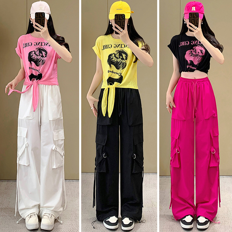 Fashion Casual Sports Suit for Women Summer 2025 New Slimming Bow Tie T-Shirt with Cargo Pants Trendy