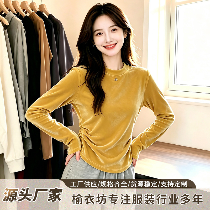 2026 winter fashion design: half-turtleneck, pleated, slim-fit, long-sleeved t-shirt, base layer, asymmetrical top for women