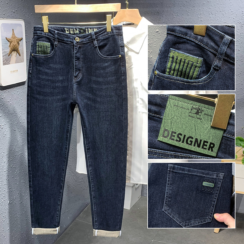 Xintang bordado de los hombres vaqueros delgados estilo coreano versátil adelgazamiento pantalones flacos estiramiento moda casual para niños