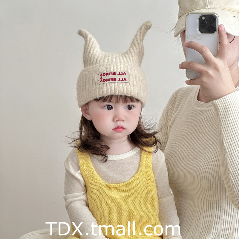 儿童毛线帽秋冬季加厚超萌字母牛角宝宝保暖套头帽婴儿防风护耳帽|undefined