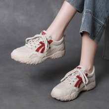 吉树秋热销头层牛皮透气软底运动风休闲女鞋真皮拼色网面低跟女鞋