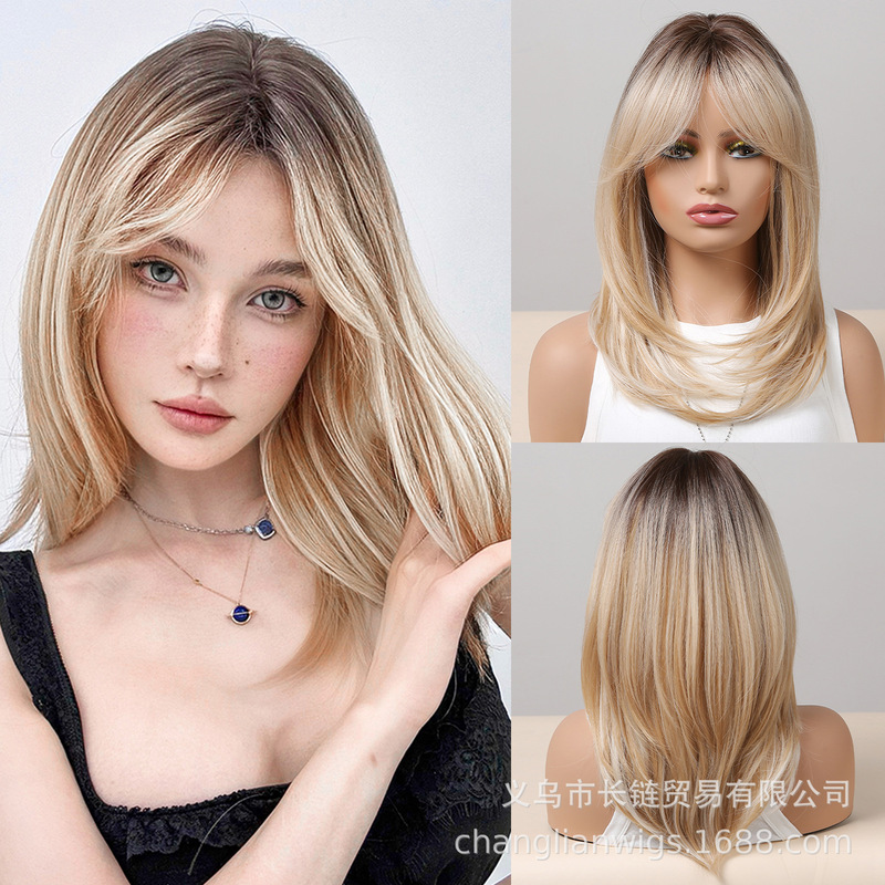European and American women's eight-character bangs wig gradient short straight hair full headgear high quality natural layered wig wholesale