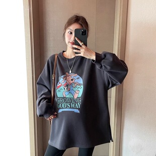 Casual Lazy Style Maternity Clothes dark gray Sweater Spring and Autumn Loose Belly Covering Mid-length Cartoon Pregnancy Top