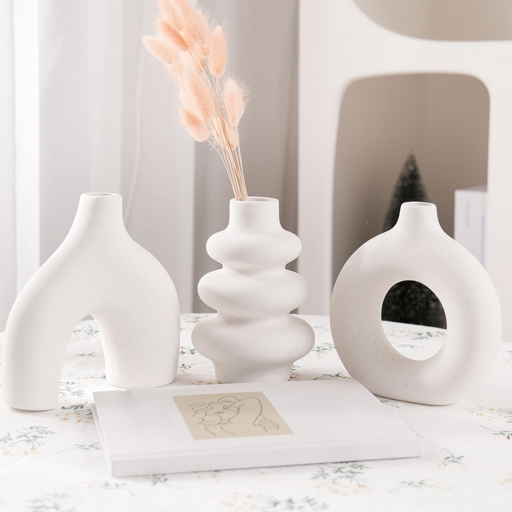 Jarrones Decorativos de Cerámica, Juego de 3 Piezas, Porcelana Blanca, Diseño Geométrico, para Decoración del Hogar