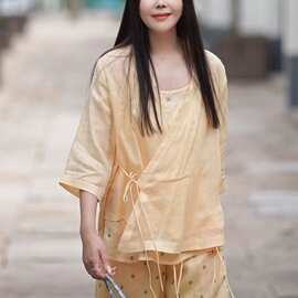 2026夏季新款休闲气质短款斜襟V领苎麻V领开衫衬衫女外披气质上衣