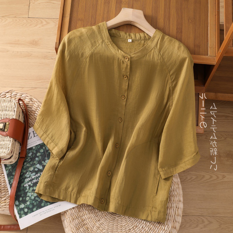 2025 Summer New Retro Double Count Ramie Top Women's Cardigan Summer Thin Shirt Temperament Outer Shirt