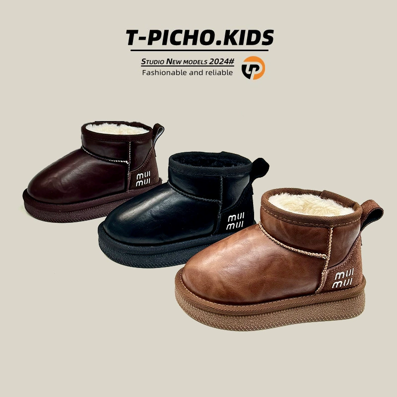 Зимние сапоги для детей 2024 новая зимняя новая девушка ретро масляная кожа теплая хлопчатобумажная обувь корейские водонепроницаемые сапоги для мальчиков