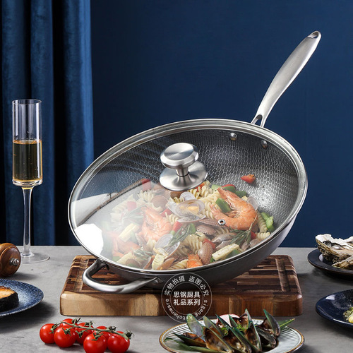 32CM stainless steel honeycomb wok uncoated non-stick pan less oily smoke flat bottom household cooking pan