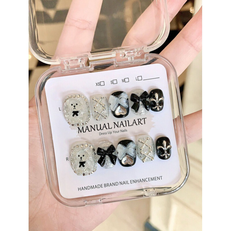 [original Real Shot] Purely Handmade Wearable Nails, New Popular Bow Black and White Bear Manicure Patches, Finished Nails