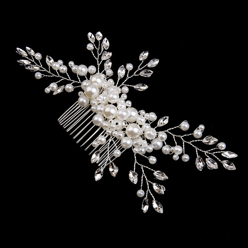 Elegant White Pearl Updo Hair Comb, Handmade Water Diamond Crown Hair Accessory, Floral Hairpin, Bridal Hair Decor